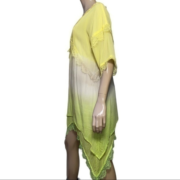 Pink Memories Women’s Size 42 L Yellow Green Tan Tie Dye Lace Trimmed Dress - Picture 5 of 8